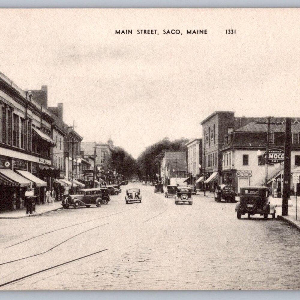 Vintage 1931 Main Street Saco Maine Postcard Photochrome American Art  #1307